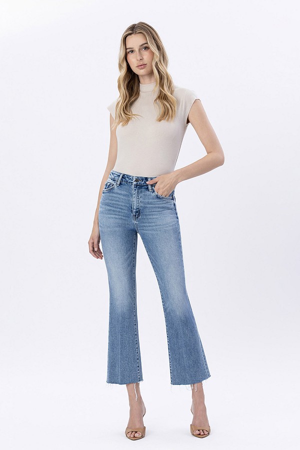 HIGH RISE RAW HEM KICK FLARE JEANS ...
